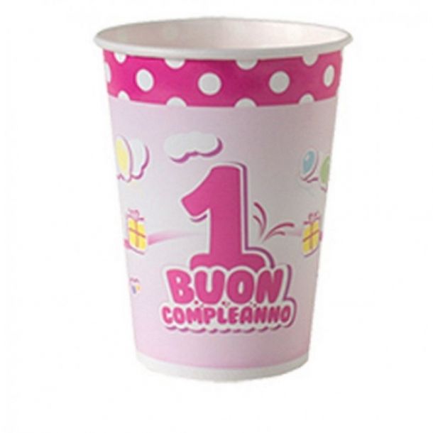 Bicchieri Plastica Primo Compleanno Rosa
