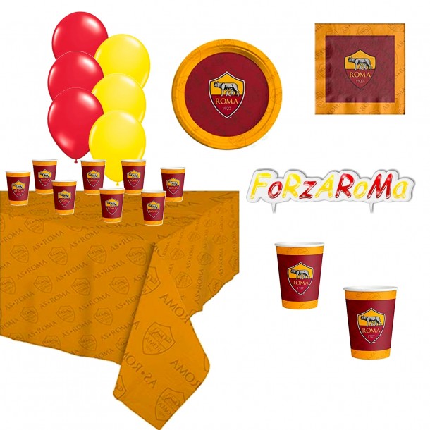 Kit Tavola Party Roma Con Candelina per Torta Palloncini Piatti Bicchieri Tovaglioli Tovaglia