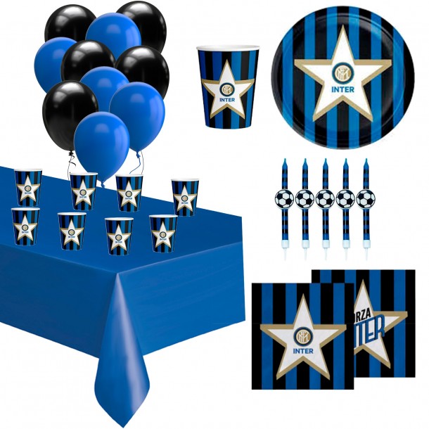 Kit Tavola Party Inter Con Candeline per Torta Palloncini Piatti Bicchieri Tovaglioli Tovaglia
