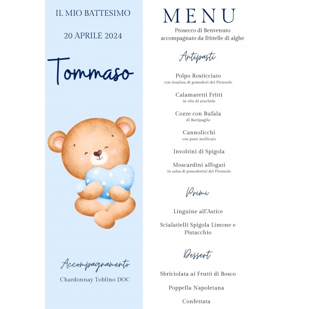 Menù Battesimo Personalizzato Tema Orsetto